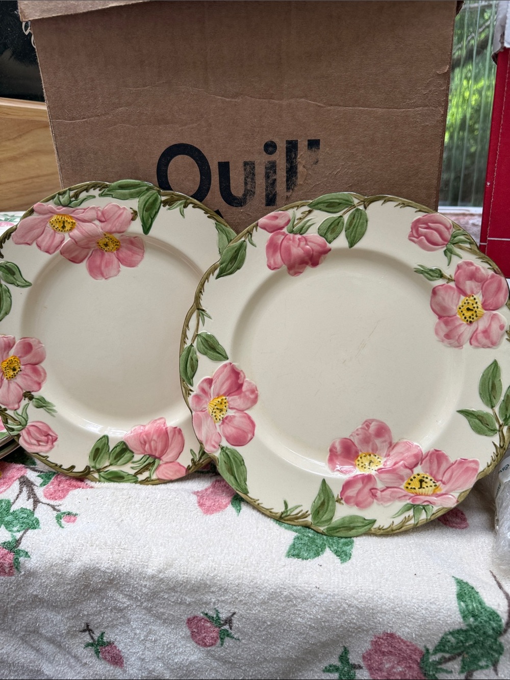 Franciscan Cream Dinner Plates with Pink Floral and Green Leaf Border - Pair